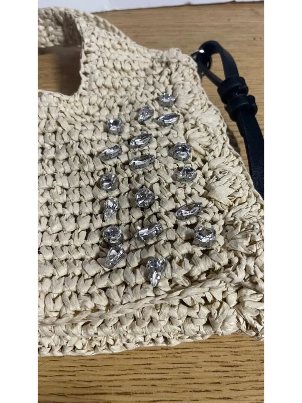 Beige Woven Straw Bag With Rhinestone Accents & Adjustable Strap Minimalist